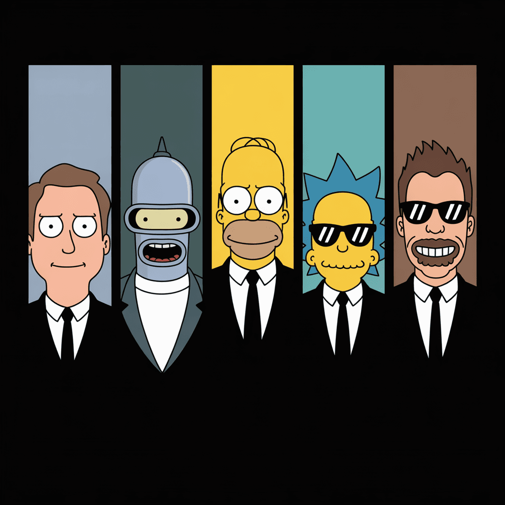 AI generated: Cartoon illustration of Roger from American Dad, Bender from Futurama, Homer Simpson from The Simpso...