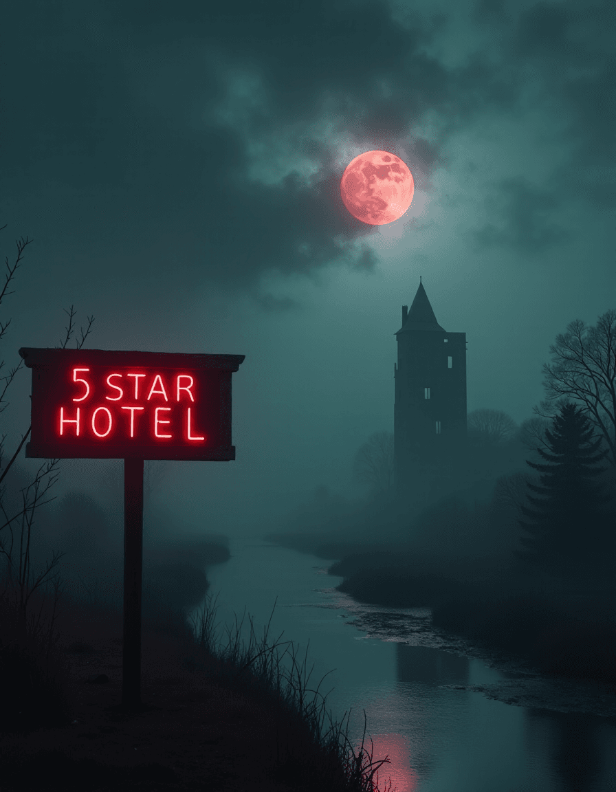 AI generated: Ultra high quality, very detailed, A mysterious, fog-shrouded landscape illuminated by a blood moon,...