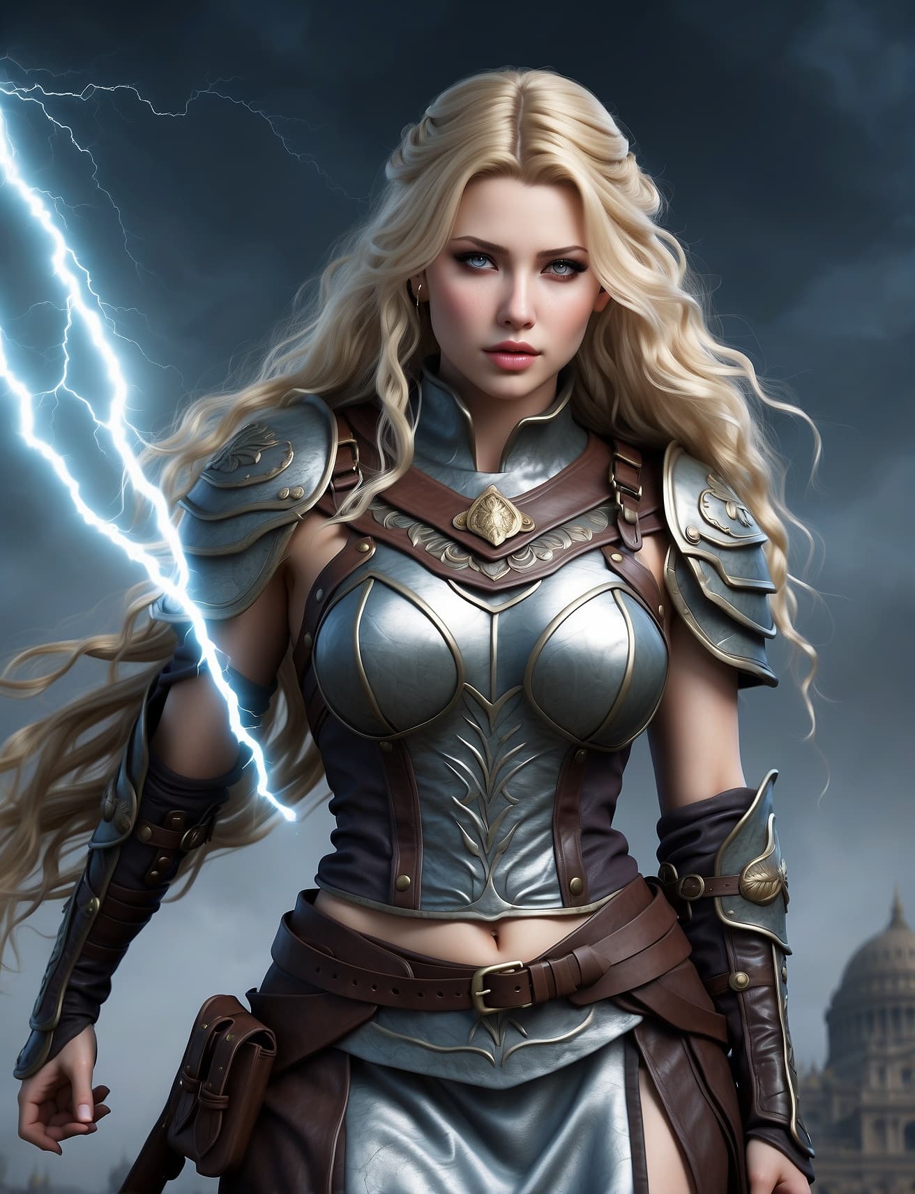 AI generated: Create a high fantasy image, medieval style, focus on chest and face, of Valeria Stormbringer, a hig...