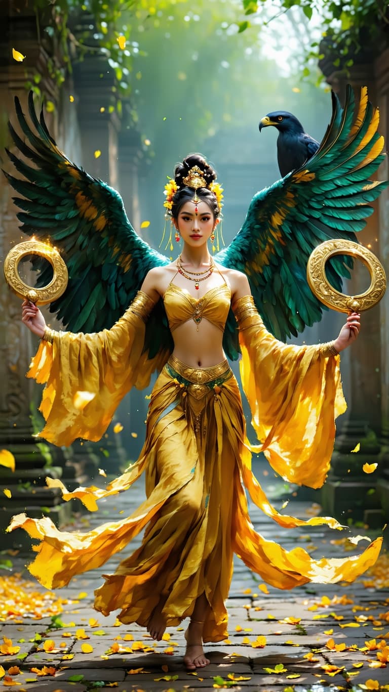 AI generated: An ultra-realistic, wide angle, front facing, full-body portrait of a mesmerizing Dancer in golden t...