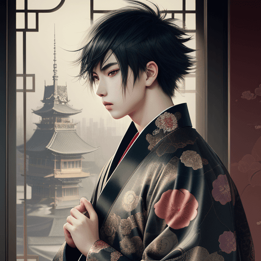 AI generated: anime boy on big motor print on paper, in the style of kerem beyit, elaborate kimono, city portraits...