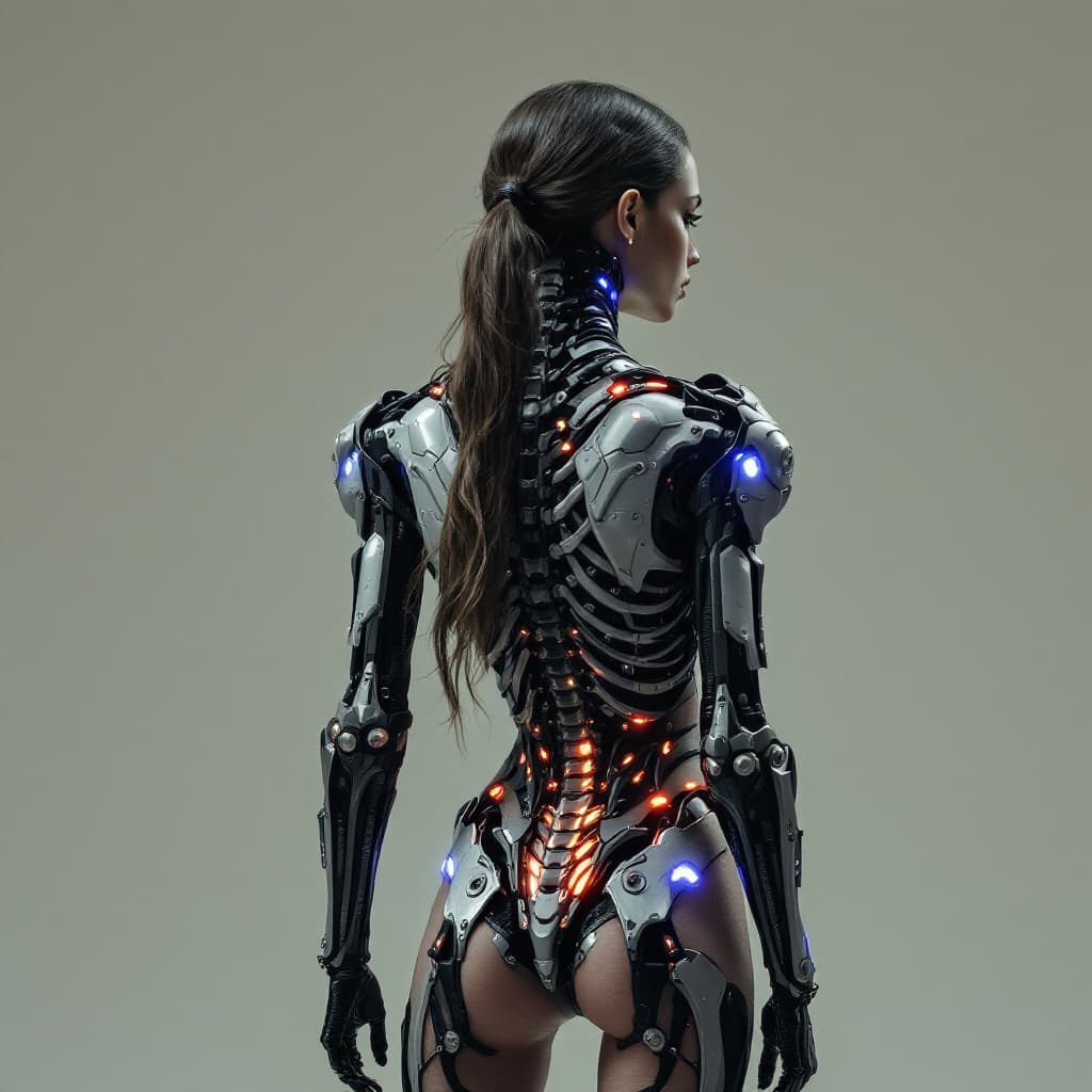 AI generated: photography, woman model, 45-degree angle rear view, detailed exoskeleton jacket, inspired by skelet...
