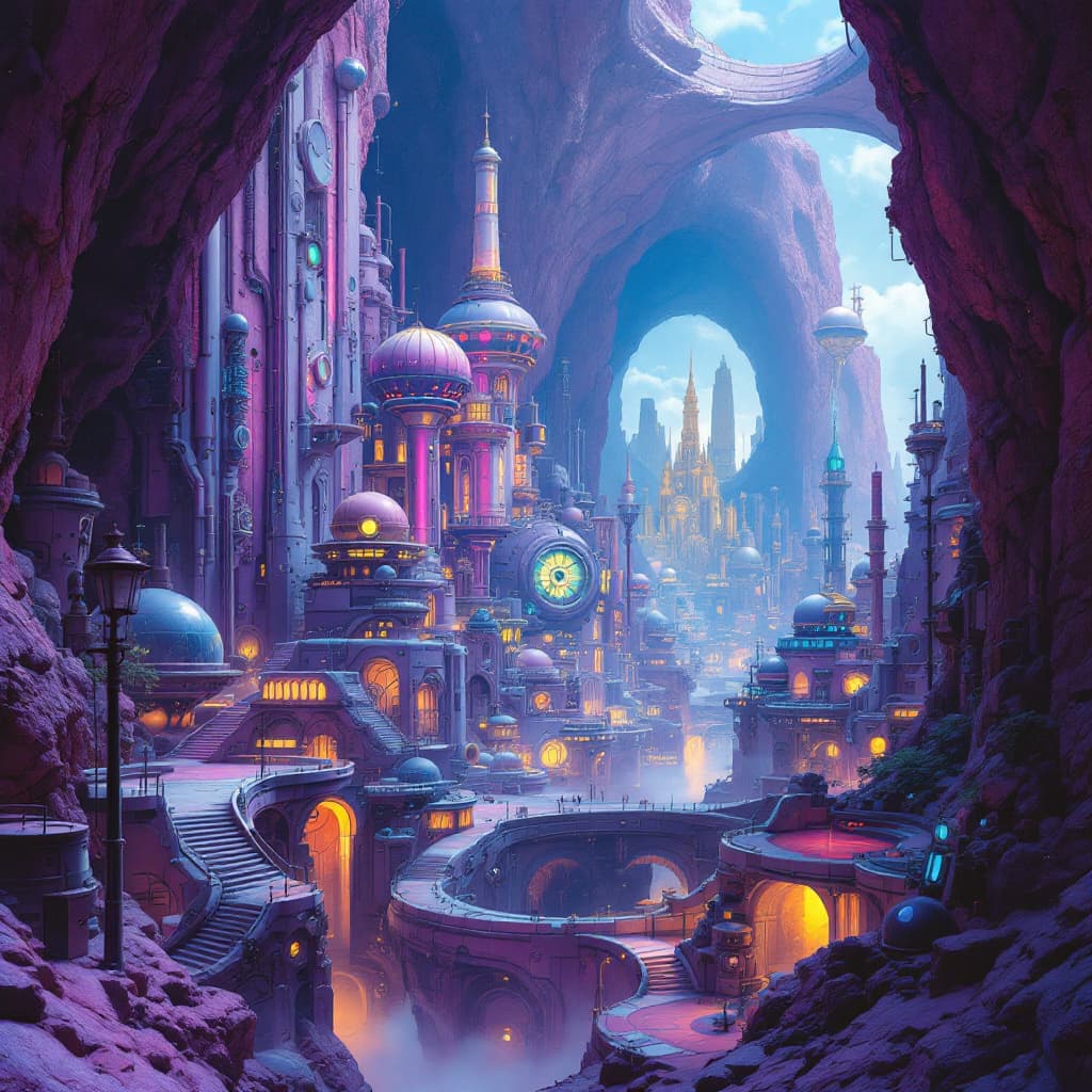 AI generated: Envision a city of the future, where futuristic retro sci-fi style buildings in shades of purple and...