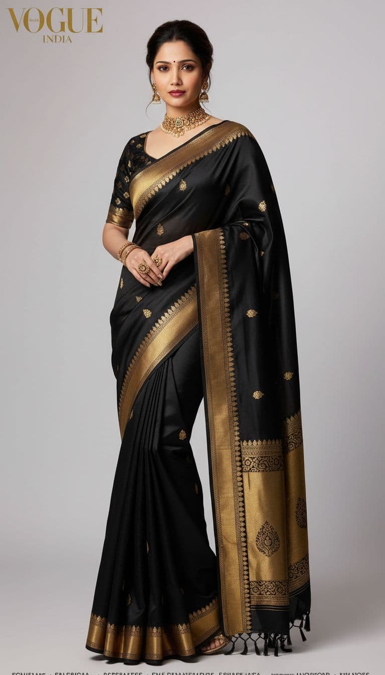 AI generated:  face exact mach wearing black saree golder border, full-body shot with a high-fashion magazine aest...