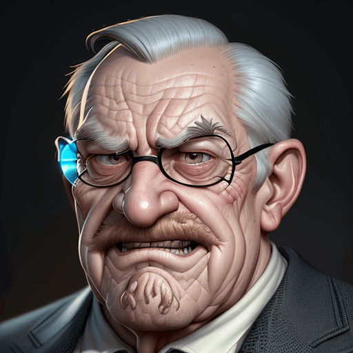 AI generated: expressive caricature in pixar style unreal charming seemingly mischievous irritated very old man wi...