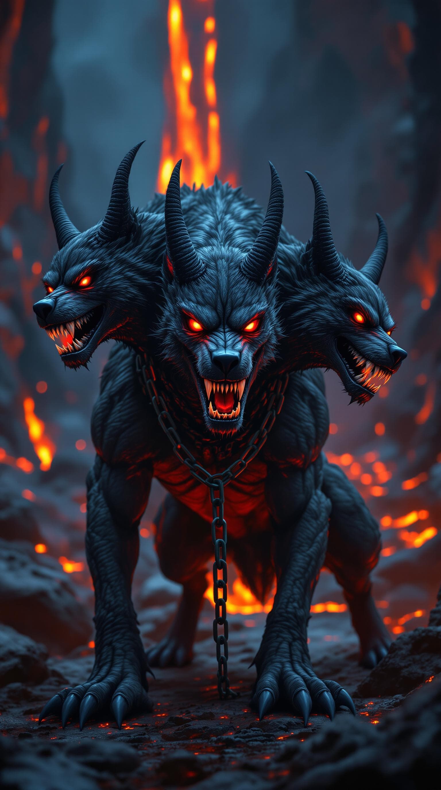 AI generated: Shot with a Panasonic Lumix GH7, The image depicts a three-headed dog, reminiscent of mythological c...