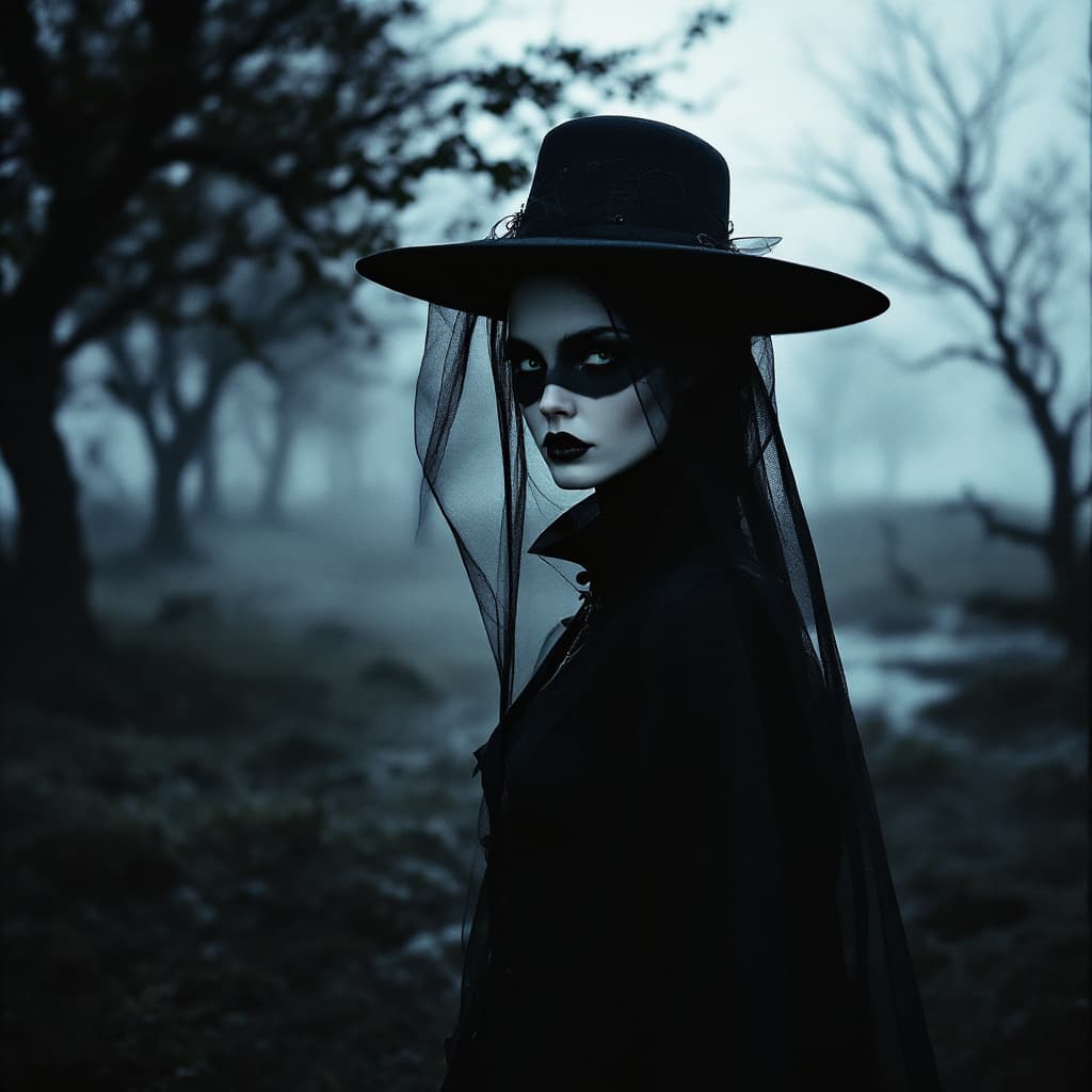 AI generated: A surreal, atmospheric photo of a woman in a gothic black dress with sharp shoulder pads, a wide-bri...
