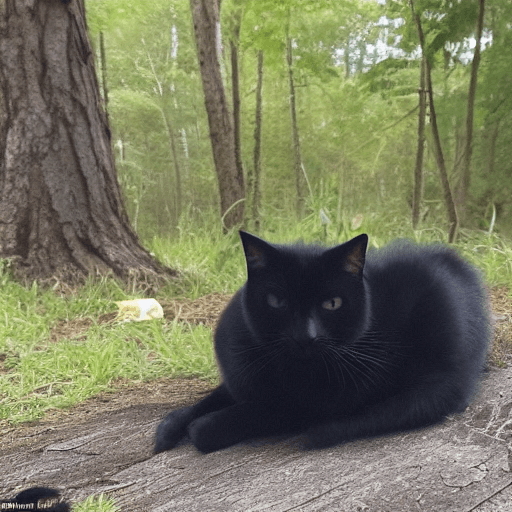 AI generated: black cat that woke up in the forest, looks out of the tent and sees the lake
