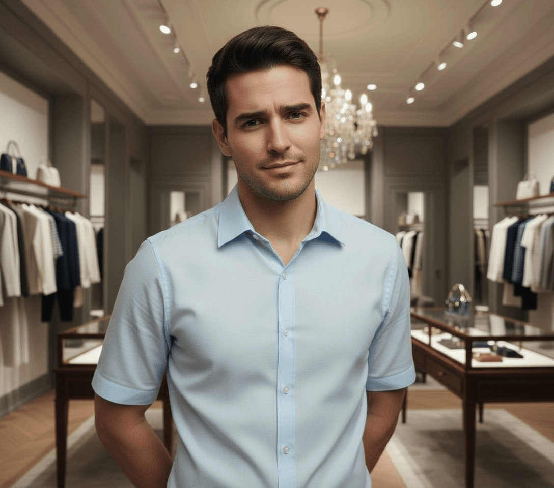AI generated: At a very luxurious clothing store. 

The Hispanic male is 5 feet tall. He is skinny. He is wearin...