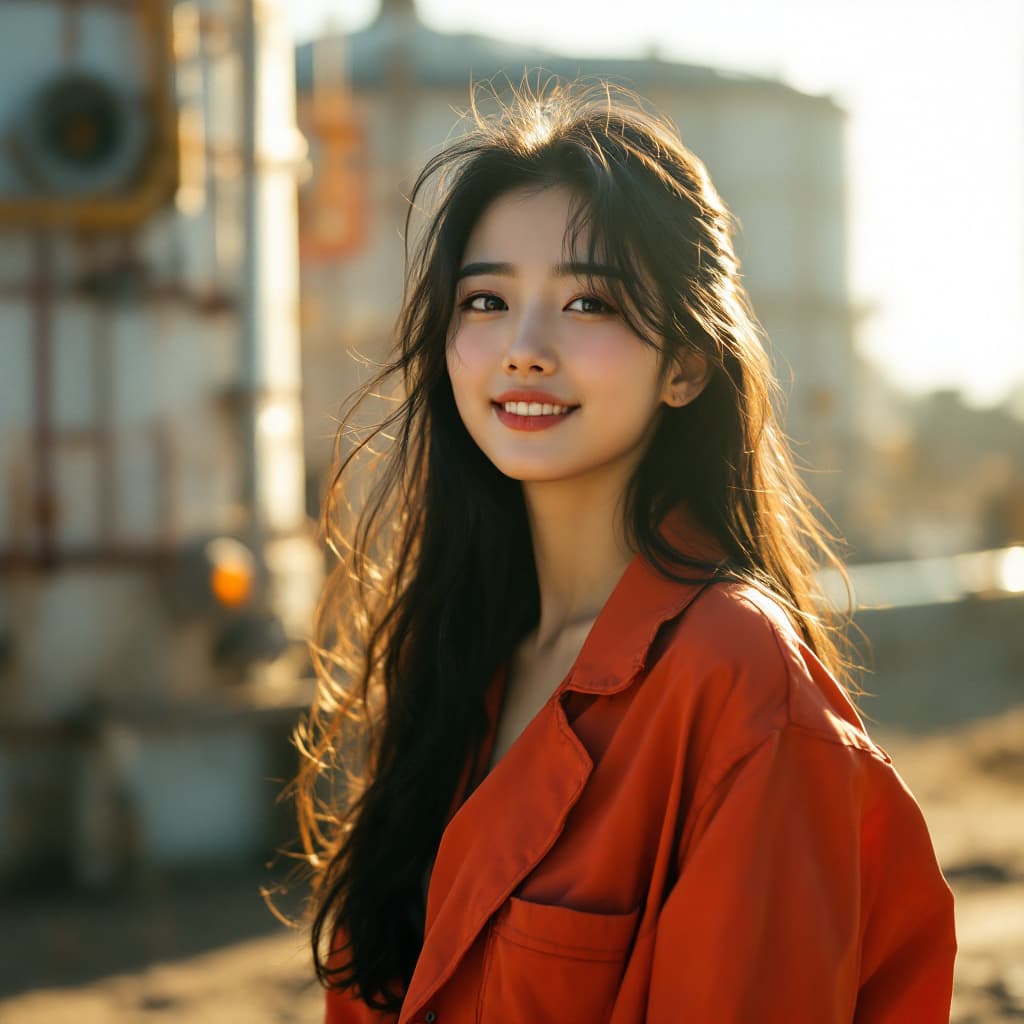 AI generated: A korean woman with black long hair, sun-kissed skin, and a worn a red blue safety coverall for oil ...