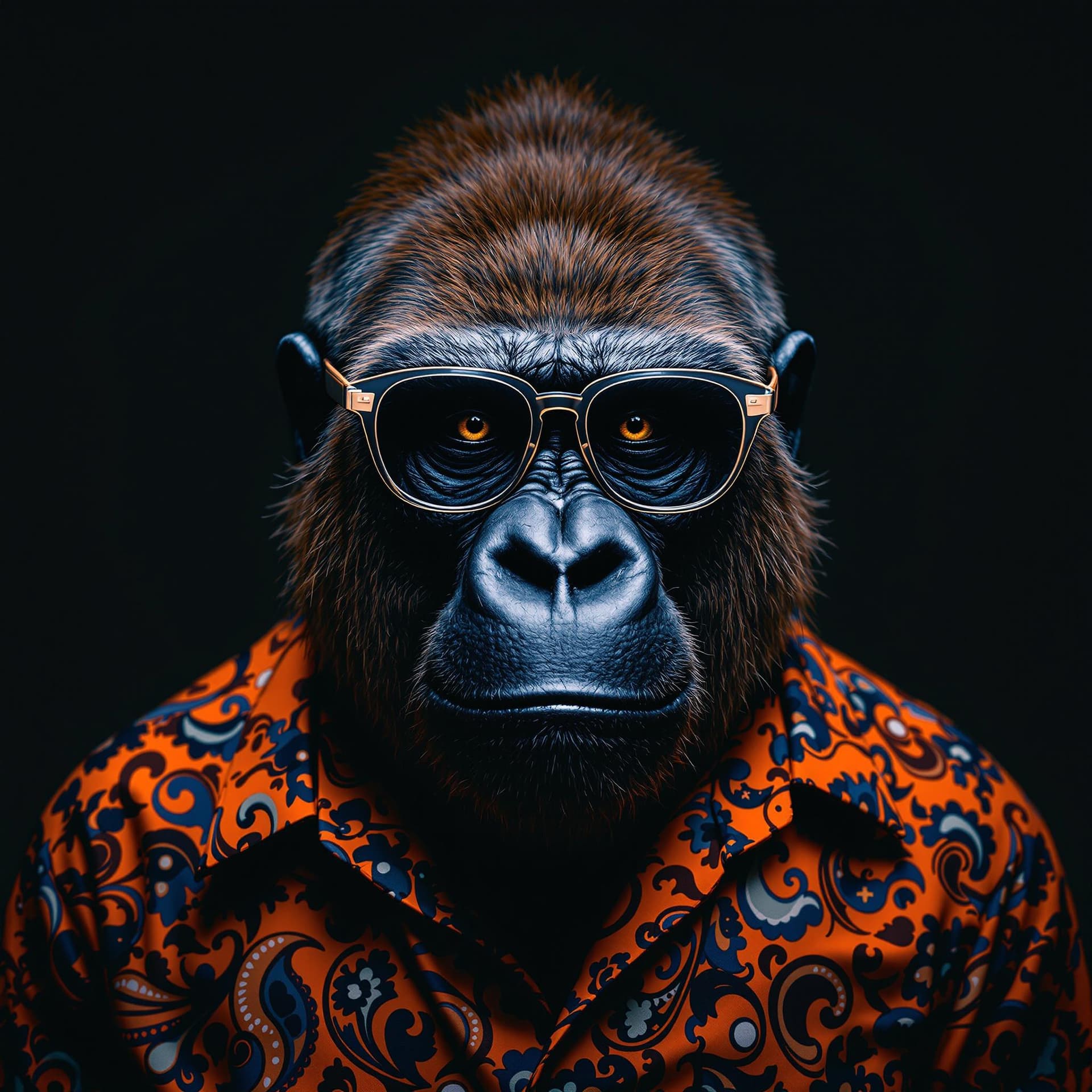 AI generated: The image features a striking and highly detailed portrayal of a gorilla donning human attire and ac...