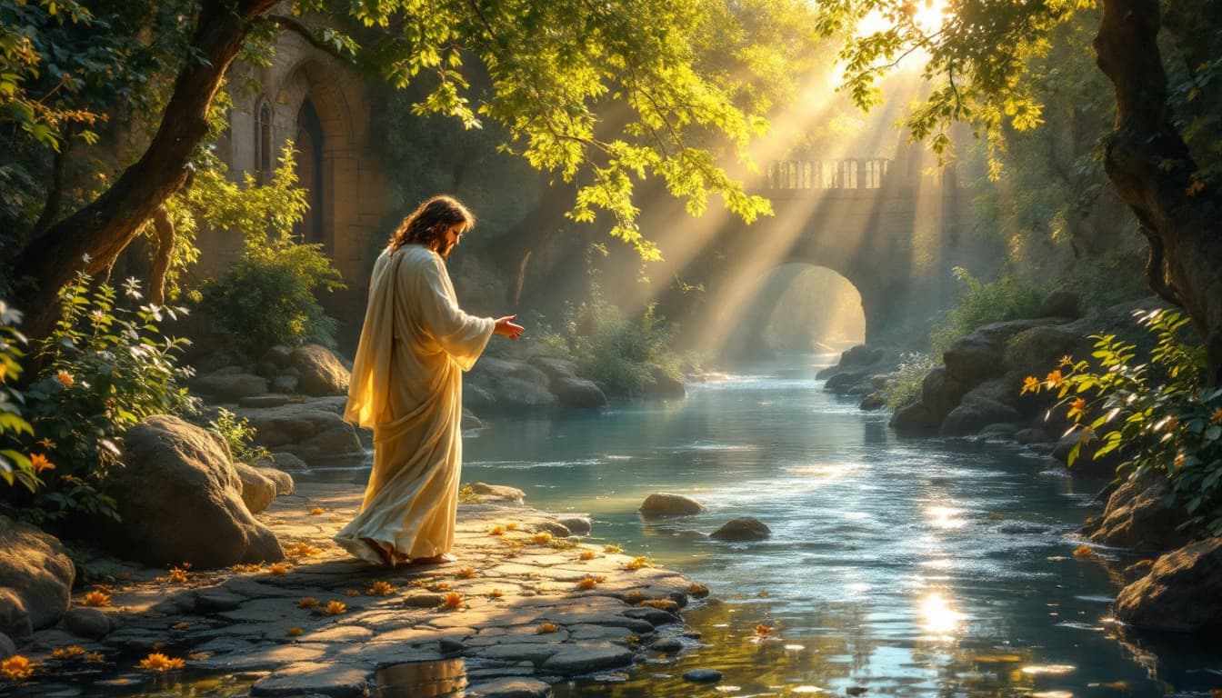 AI generated: ,serenity,surrounded by divine light in a medieval ..jessusbeside  waterful ..walking ..and angels l...