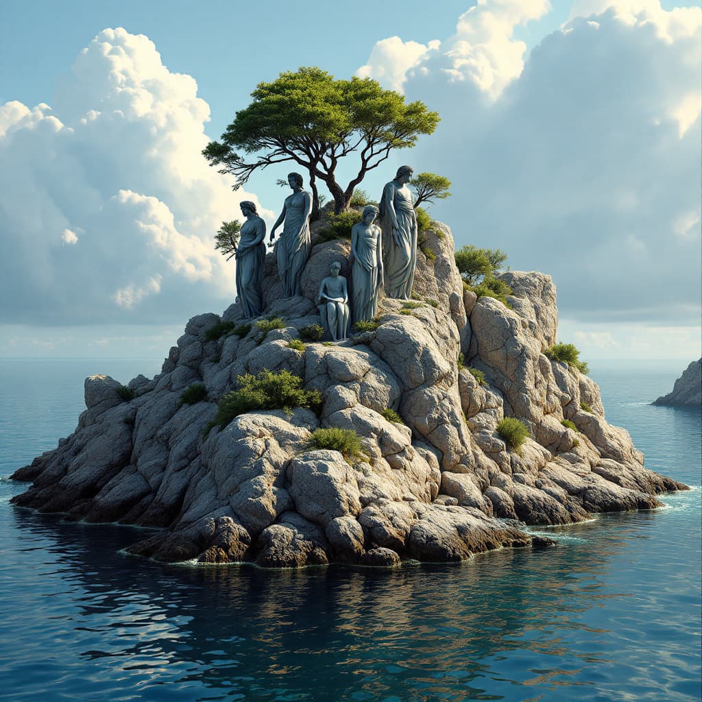 AI generated: Paisaje marino con una isla rocosa encima del agua, y poner debajo del agua diferentes estatuas grie...