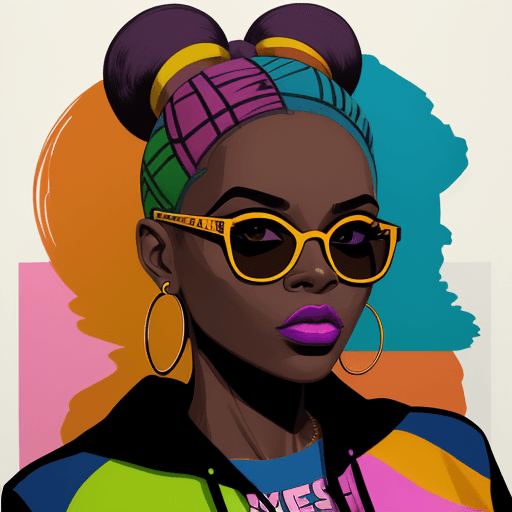 AI generated: a woman wearing colored painted glasses,in the style of hip-hop influenced, bold graphic illustratio...