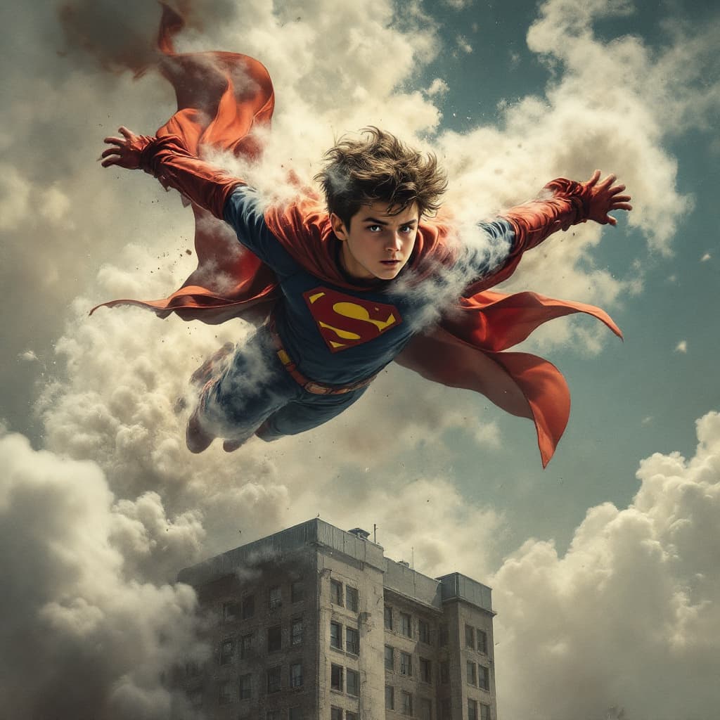 AI generated: superhuman young boy artistic rendering, flying above a building with smoke and partially dissolving...