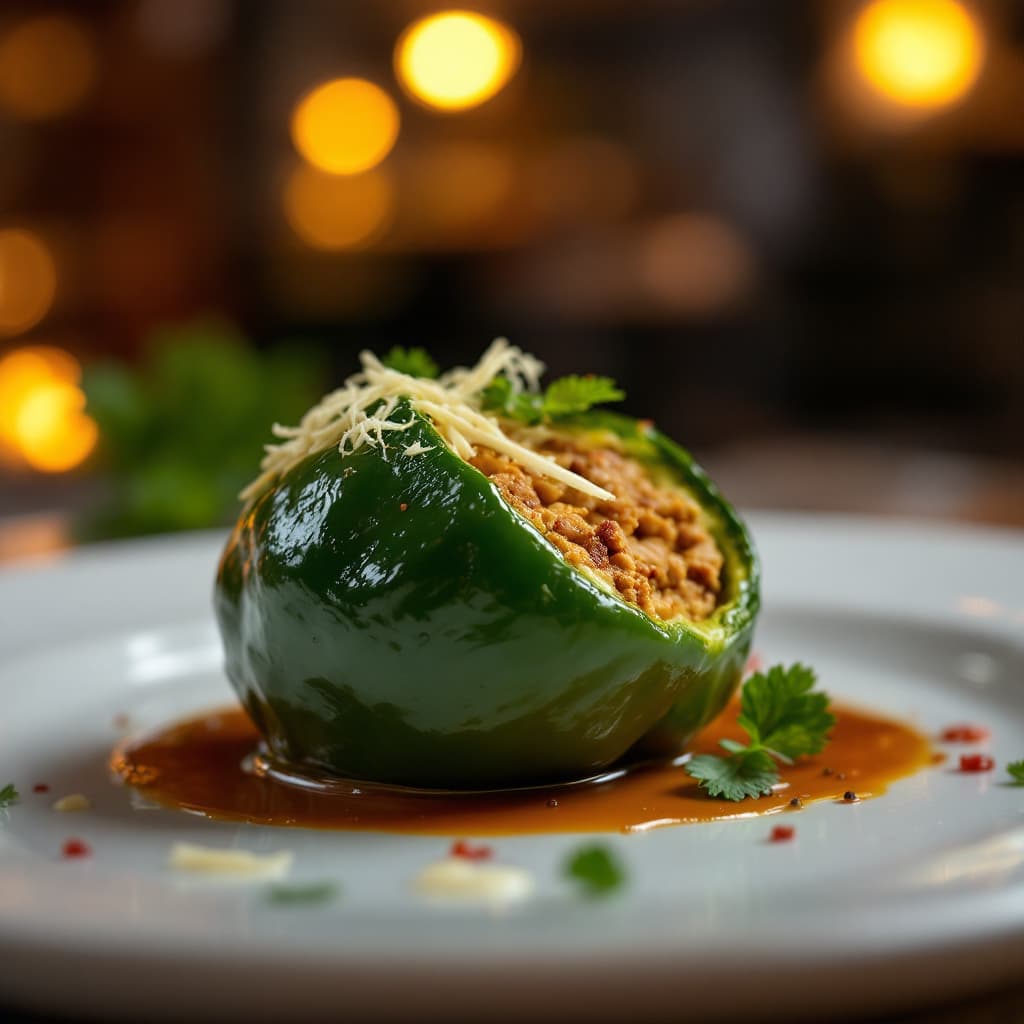 AI generated: 
Capture a delicious  poblano chile stuffed with meat or cheese in close-up, exuding tempting appeal...