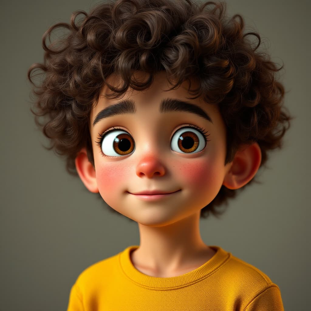 AI generated: a boy with curly hair and yellow shirt, in the style of rendered in cinema4d, charming characters, i...