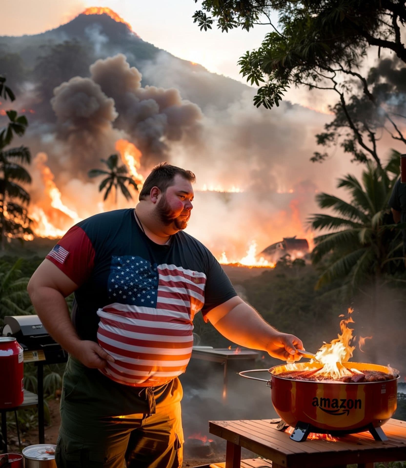 AI generated: A fat American man lighting a BBQ with a (red can of gasoline) lots of meat on the BBQ. USA Flag clo...