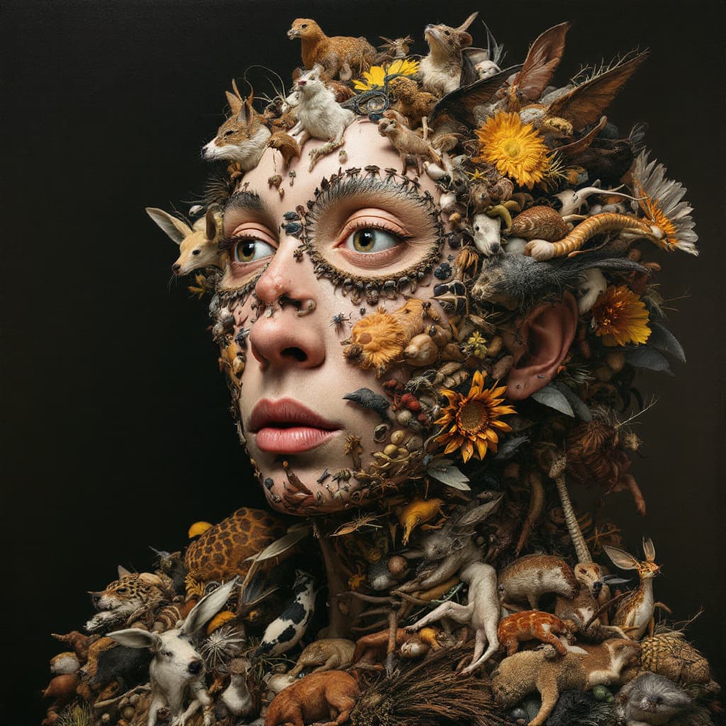 AI generated: a portrait a highly detailed, surreal portrait of a person composed entirely of various species anim...