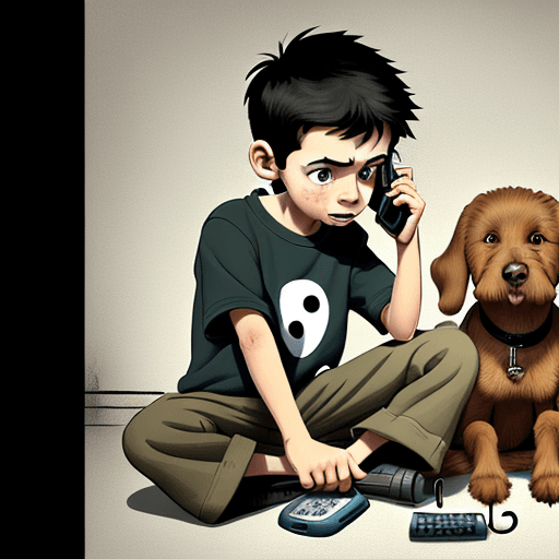 AI generated: A young boy using a broken telephone. The boy and his dog have a puzzled look on their faces. Cartoo...