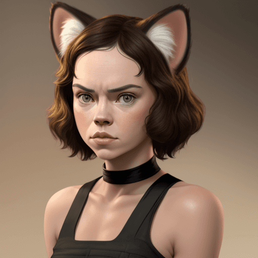 AI generated: Daisy Ridley as a cat girl with floppy tan furry ears, scared
