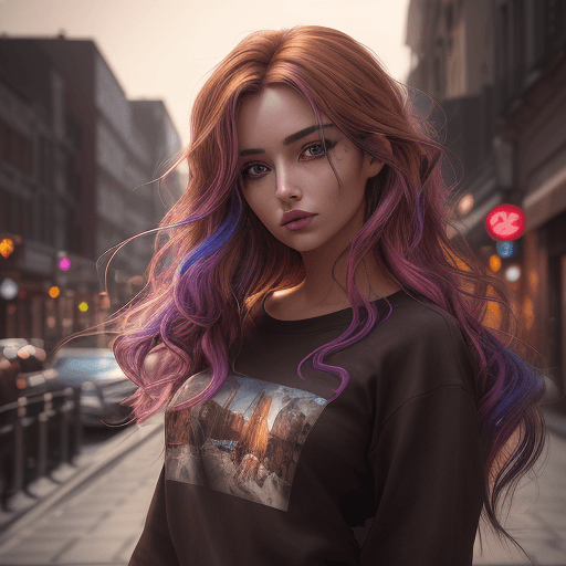 AI generated: A realistic photograph of a stunning girl with [colorful hair] with [dark roots], a [small nose], hi...