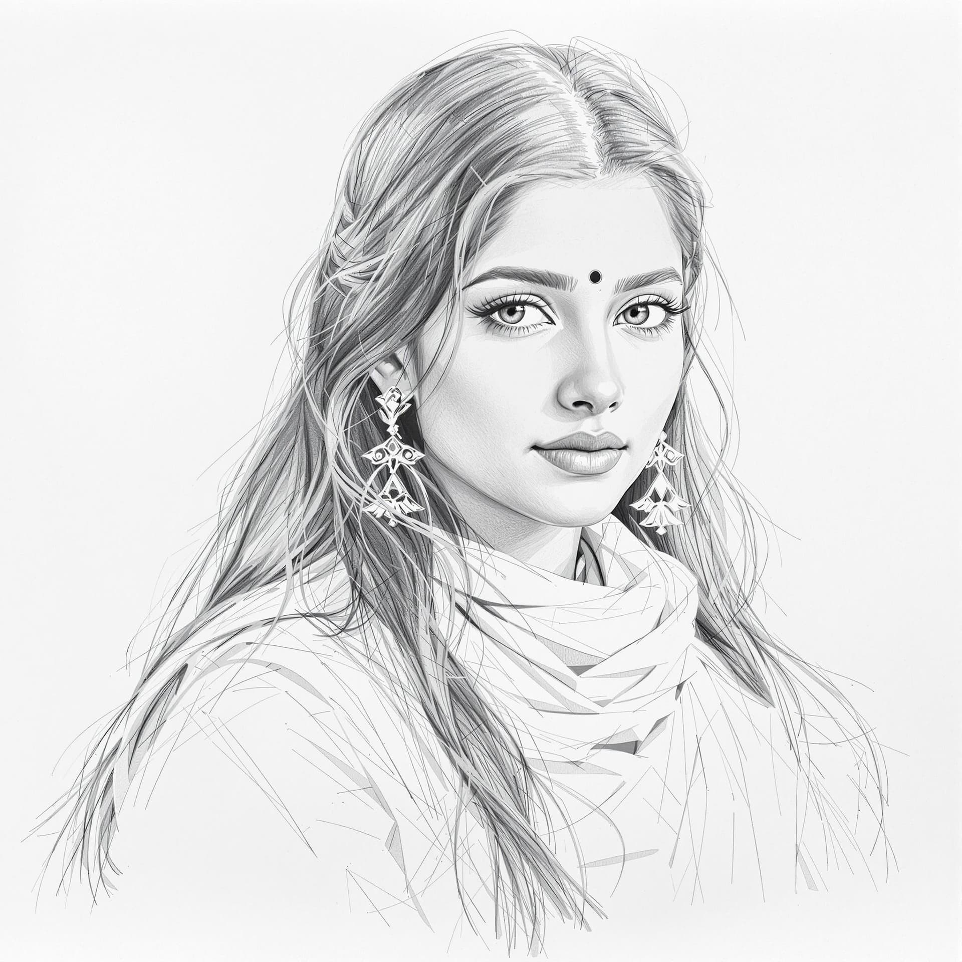 AI generated: A pencil sketch of an Indian girl with long hair, wearing white and scarves around her neck, a half-...