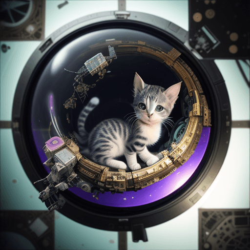 AI generated: a kitten in a space capsule surrounded by decorations, is covered with parts and electronics, in the...
