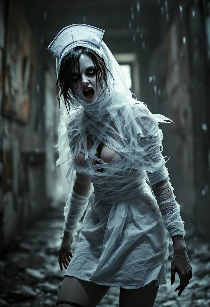 AI generated: legendary photoart dark and terrifying themes, evil nurse from Silent Hill, in a short uniform with ...