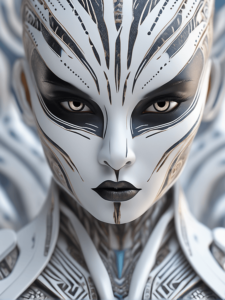 AI generated: intricate closeup shot, masterpiece, skin-tight body, tribal-suit, white-accent, detailed face featu...