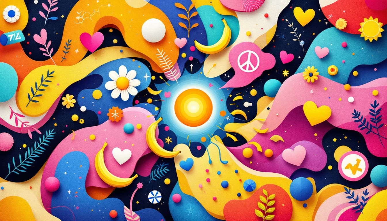AI generated: Vibrant, colorful design elements fill the image, radiating outward from the small circle center. Ab...