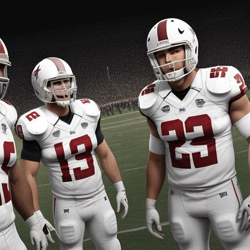 AI generated: panoramic image of American football players, wearing white helmets, looking straight into the camer...