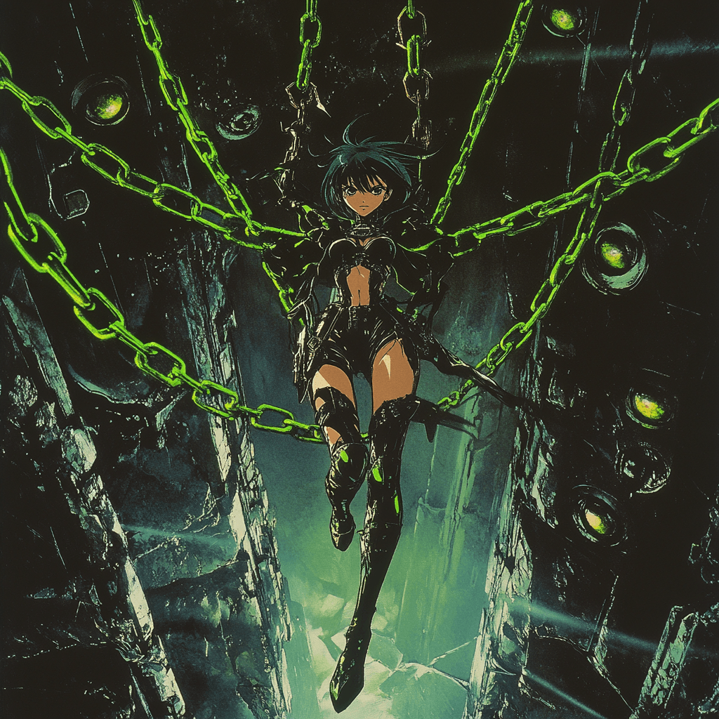 AI generated: in the style of a dvd screenshot from a dark fantasy anime ova from the 90’s, a pretty girl with a w...
