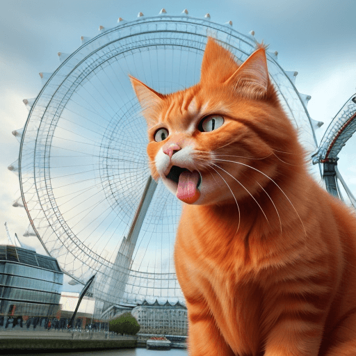 AI generated: Big ginger cat destroying london eye with his mouth