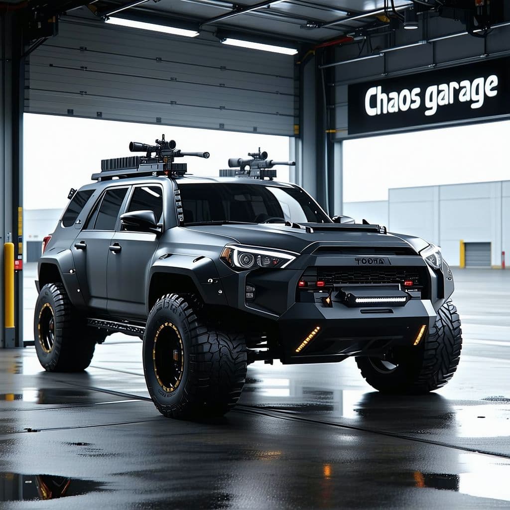 AI generated: General outline of a latest model dark grey Toyota forunner suv with machine guns on the roof and mi...