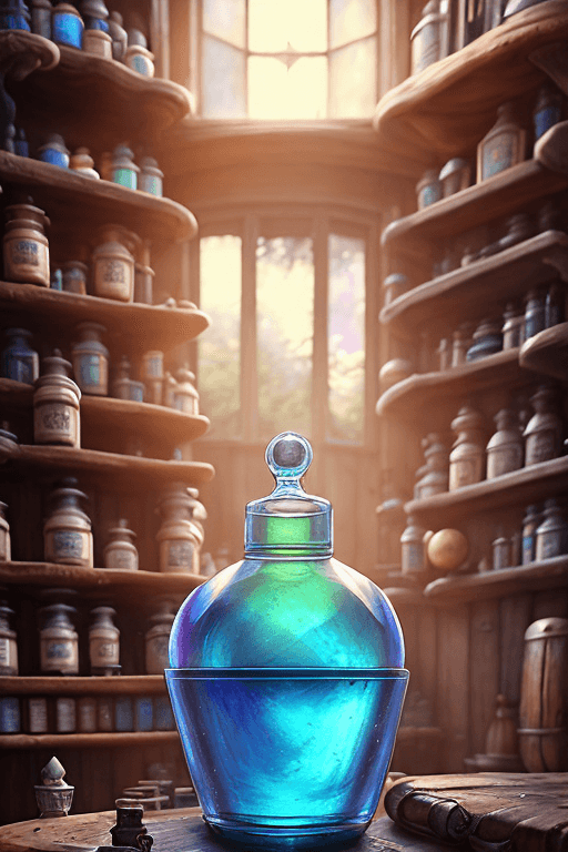 AI generated: an old wooden apothecary filled with dusty potions on the shelves, focus on a big blue iridiscent po...