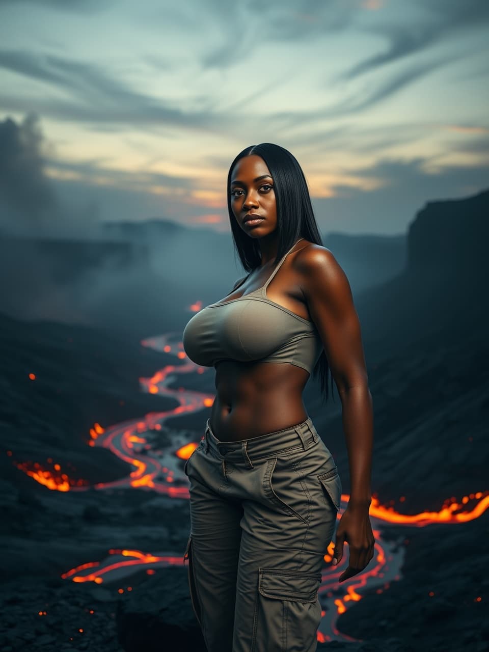 AI generated: a volcanic scientist, she is wearing a khaki top and cargo pants. An embroidered name tag on her shi...