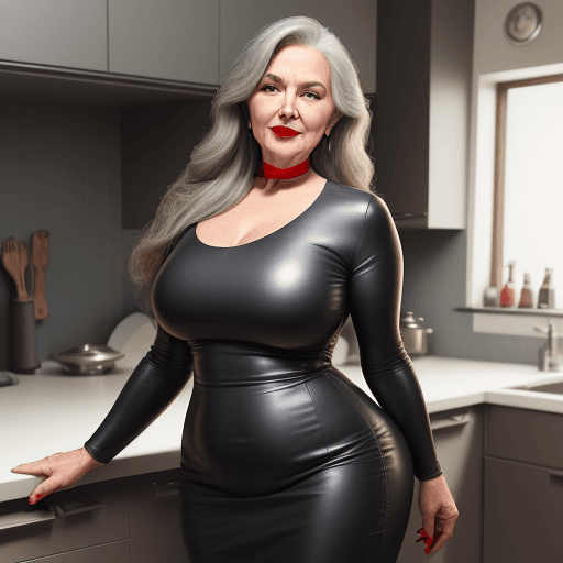 AI generated: 70 year  old bossy curvy woman, long greybrown  hair, red lips,  complete body. She is wearing a tig...
