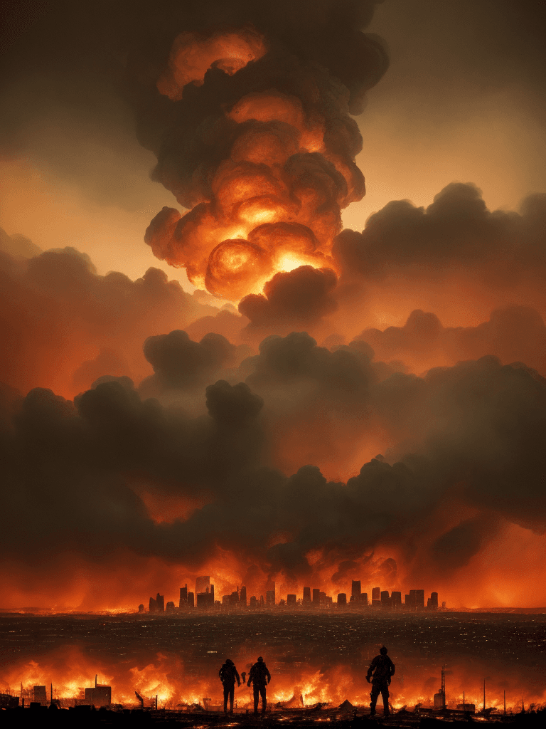 AI generated: This 70mm cinematic portrait presents a background of a desolate, post-apocalyptic landscape, with t...