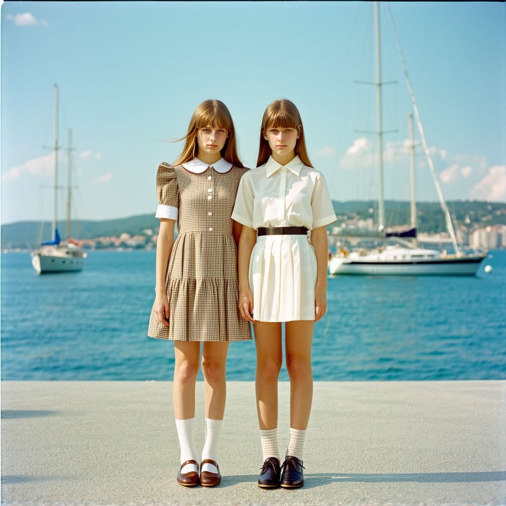 AI generated: two girls together, one wearing a dress and the other wearing a shirt and skirt, in the style of 197...