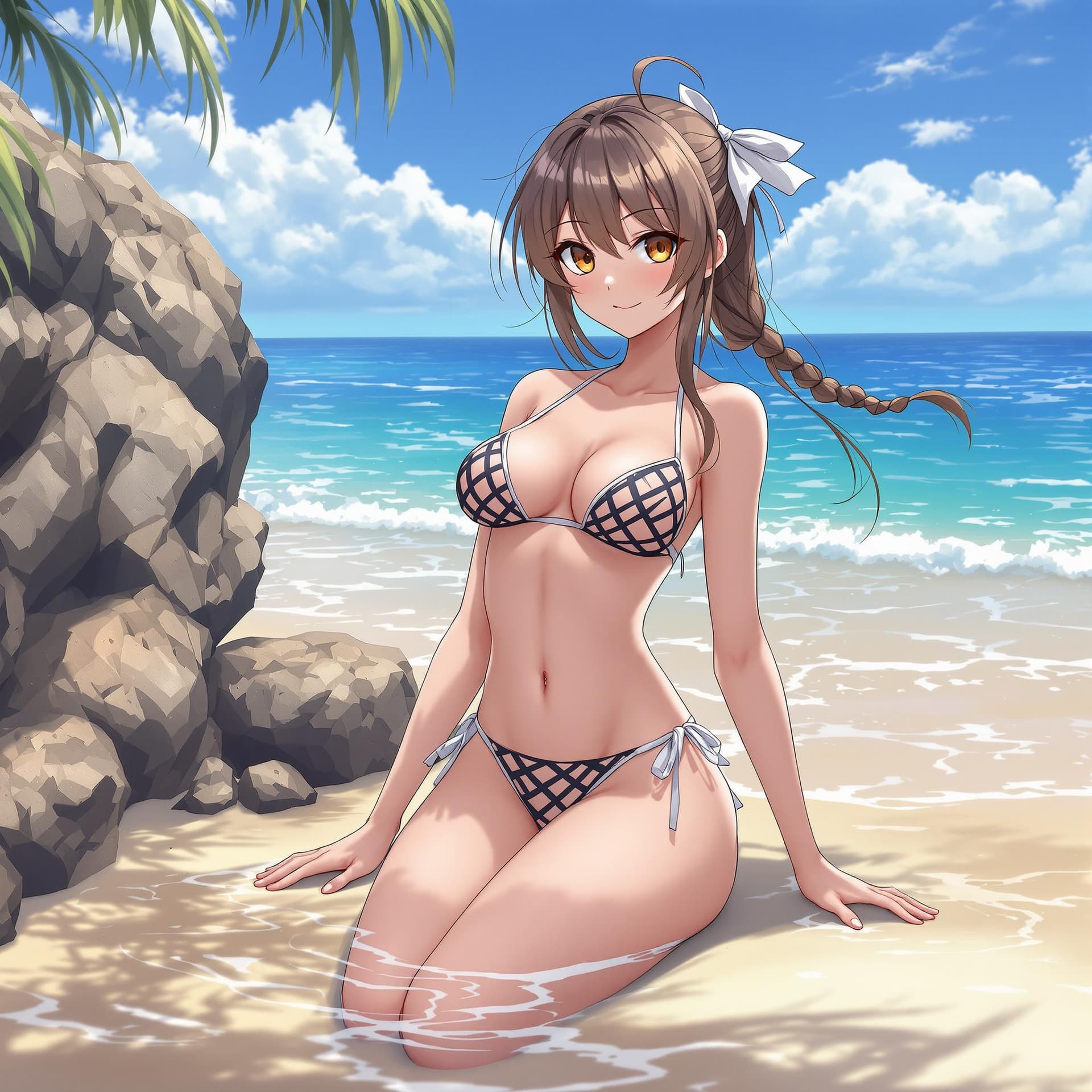 AI generated: Anime girl, in a beach, wearing a bikini, medium chest, tied up, medium , cute, amber eyes, slender ...