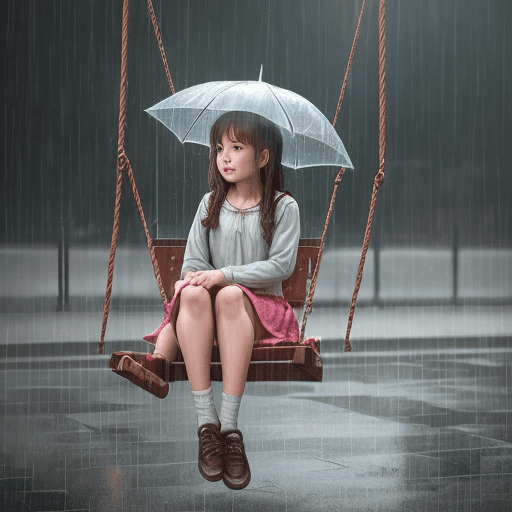 AI generated: a girl playing sitting on a swing and it's raining