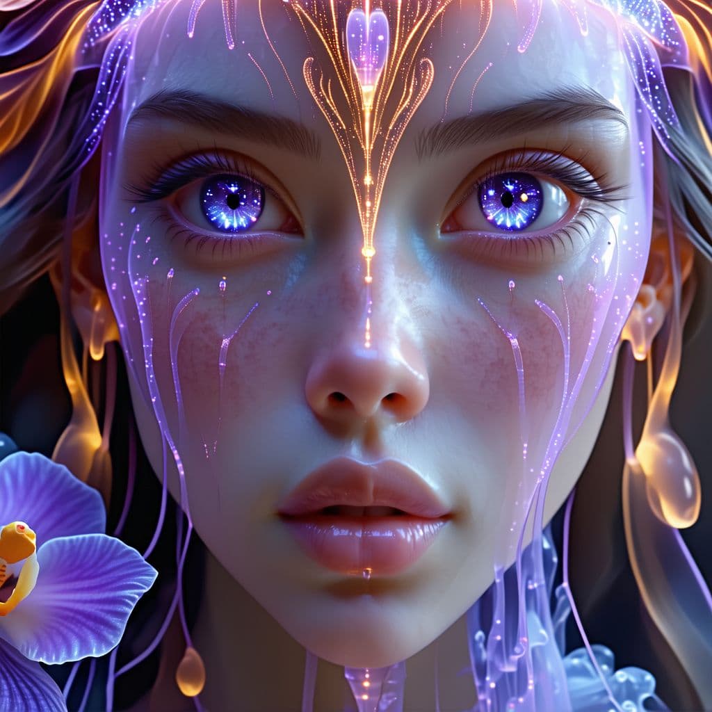 AI generated: Goddess close-up portrait ribcagel. jellyfish phoenix head, nautilus, orchid, skull, betta fish, bio...