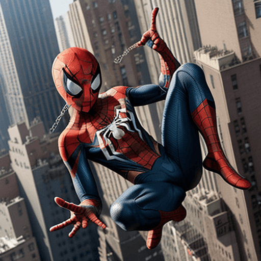 AI generated:  closeup of spider-man swinging from building in New York City, throwing up a peace sign 