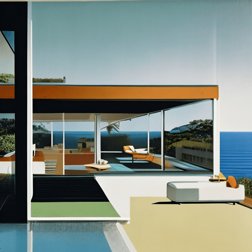 AI generated: Hyper realistic eye level exterior photo of a mid century modern style house overlooking the ocean, ...