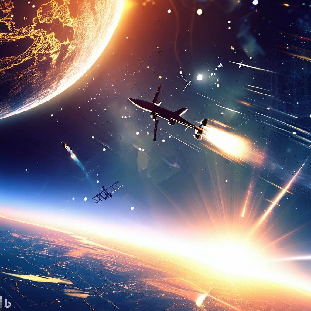 AI generated: Aerospace Image, Earth, Stars, Flight, Drone Camera, Telephoto Lens, Sunset, Dynamic Skyline, Digita...