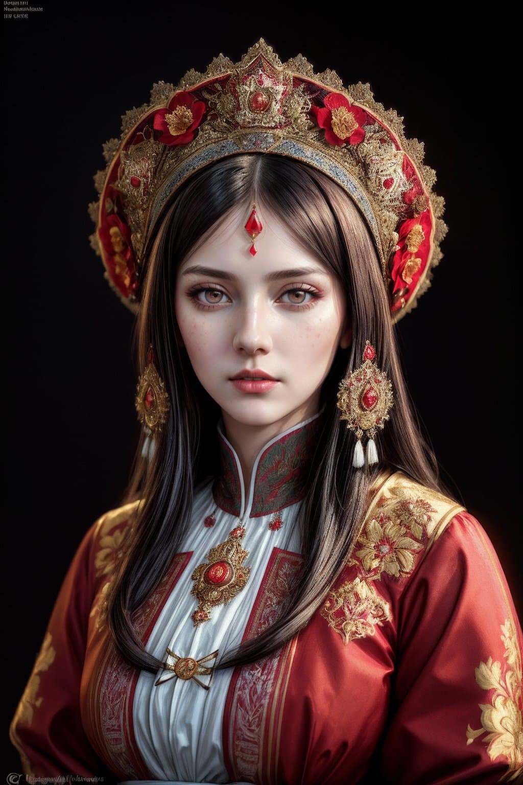 AI generated: Kodak Porta, illustration of a russian woman, made of cherry and wodka, liquid Lanna style tradition...