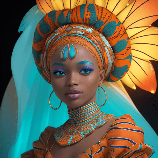 AI generated: a Carmel-skinned beauty dressed in a very colorful outfit, in a african style uhd image, light blue ...