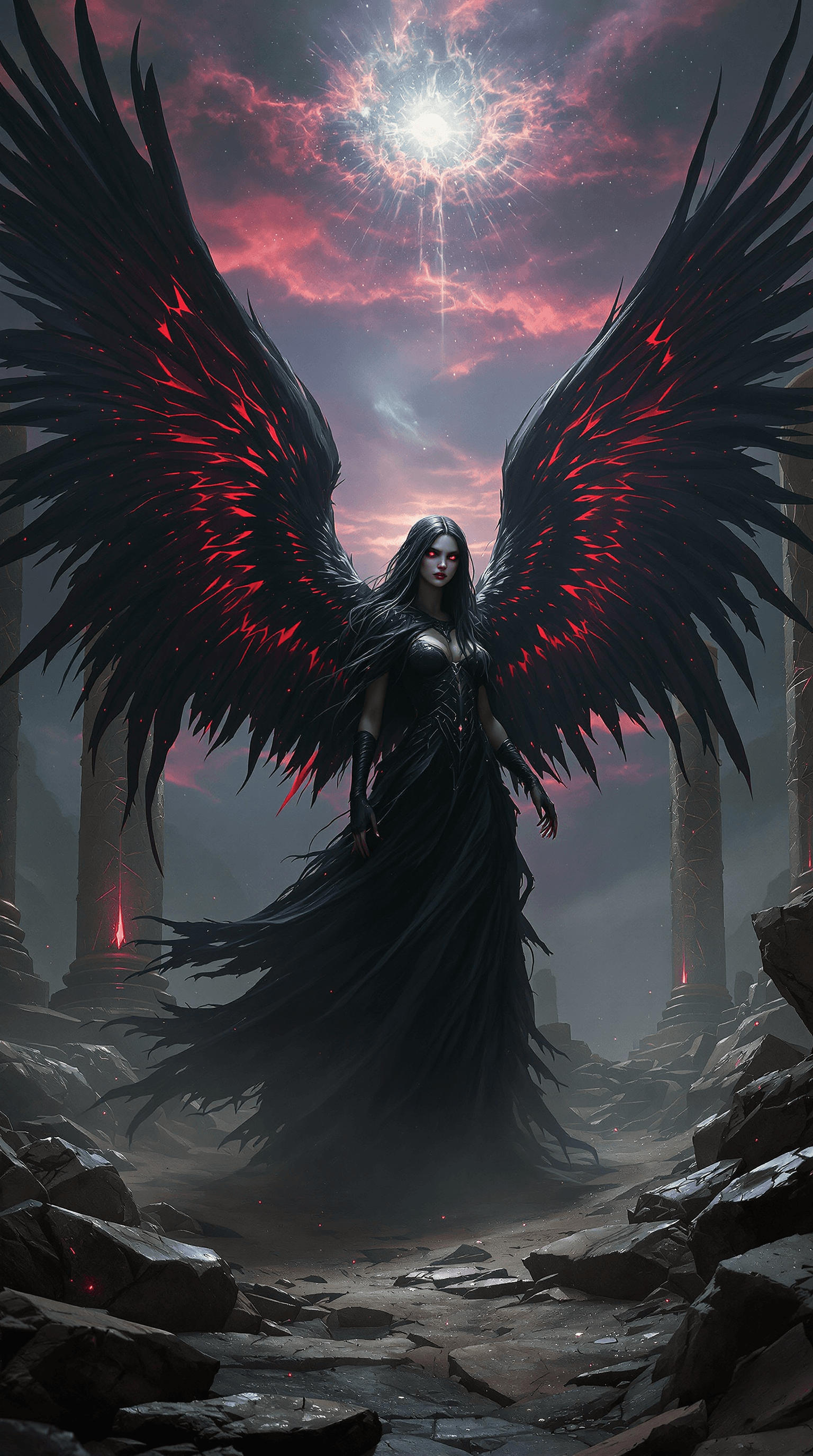 AI generated: A **fallen angel**, enshrouded in darkness, her **majestic wings a blend of black and crimson**, exu...