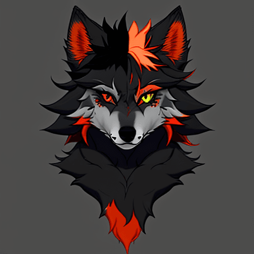 AI generated: wolf-like fursona with 4 eyes containing the colors green, orange, and a miniscule  amount of red. T...